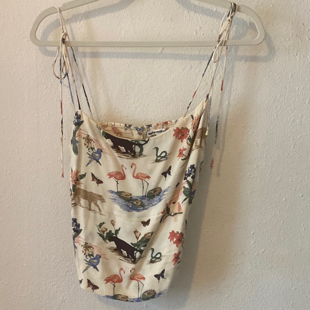 REFORMATION LINEN BOUSTIER TOP ANIMAL PRINT